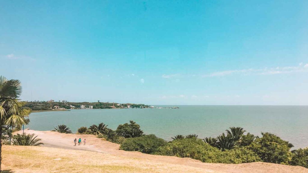 A panoramic view of the calm Rio de la Plata from a vantage point in Colonia del Sacramento, with visitors enjoying the expansive vista under a clear sky, flanked by lush greenery and palm trees.