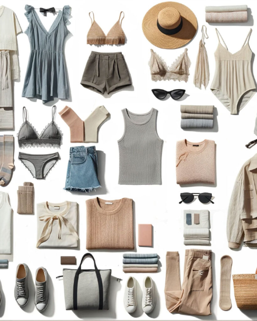 Packing list for Europe in summer featuring an assortment of women's fashion items laid out on a light background. The collection includes neutral-toned tops, dresses, shorts, a woven hat, sunglasses, comfortable footwear, and casual backpacks, all curated for a stylish yet practical travel wardrobe.