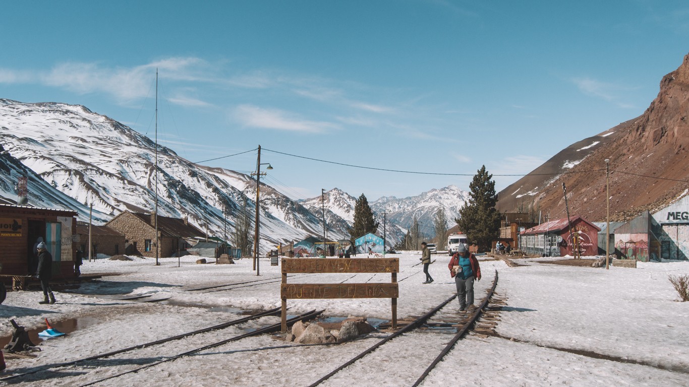 A snowy village scene in Mendoza, Argentina, featuring a wooden sign that reads "BIENVENIDOS PUENTE DEL INCA." People are walking along the snow-covered tracks, surrounded by rustic buildings and majestic snow-capped mountains under a clear blue sky.