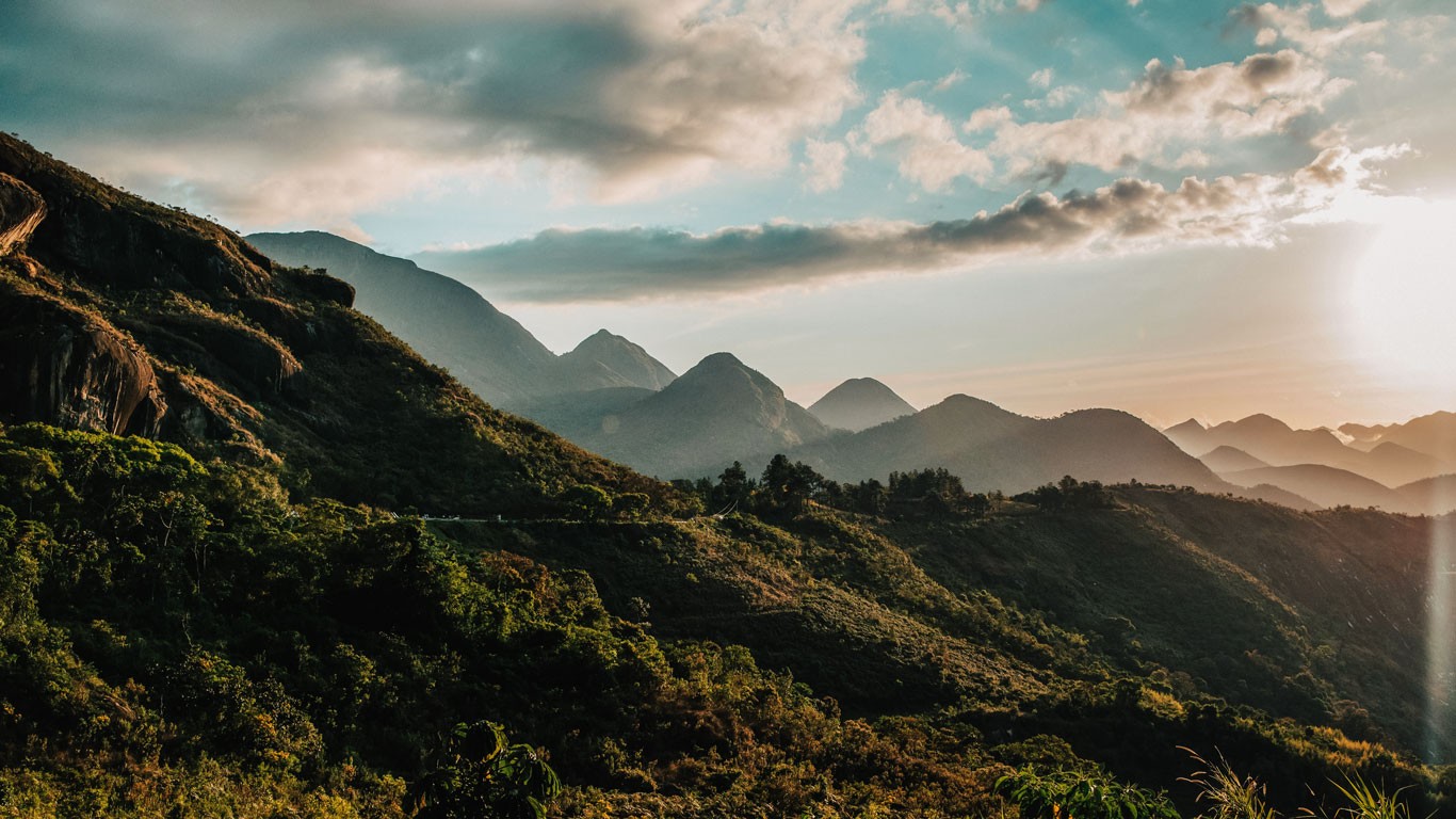 Image of nature in Petrópolis, Rio de Janeiro, featuring lush greenery, towering trees, and a serene, mist-covered landscape typical of the mountainous region.