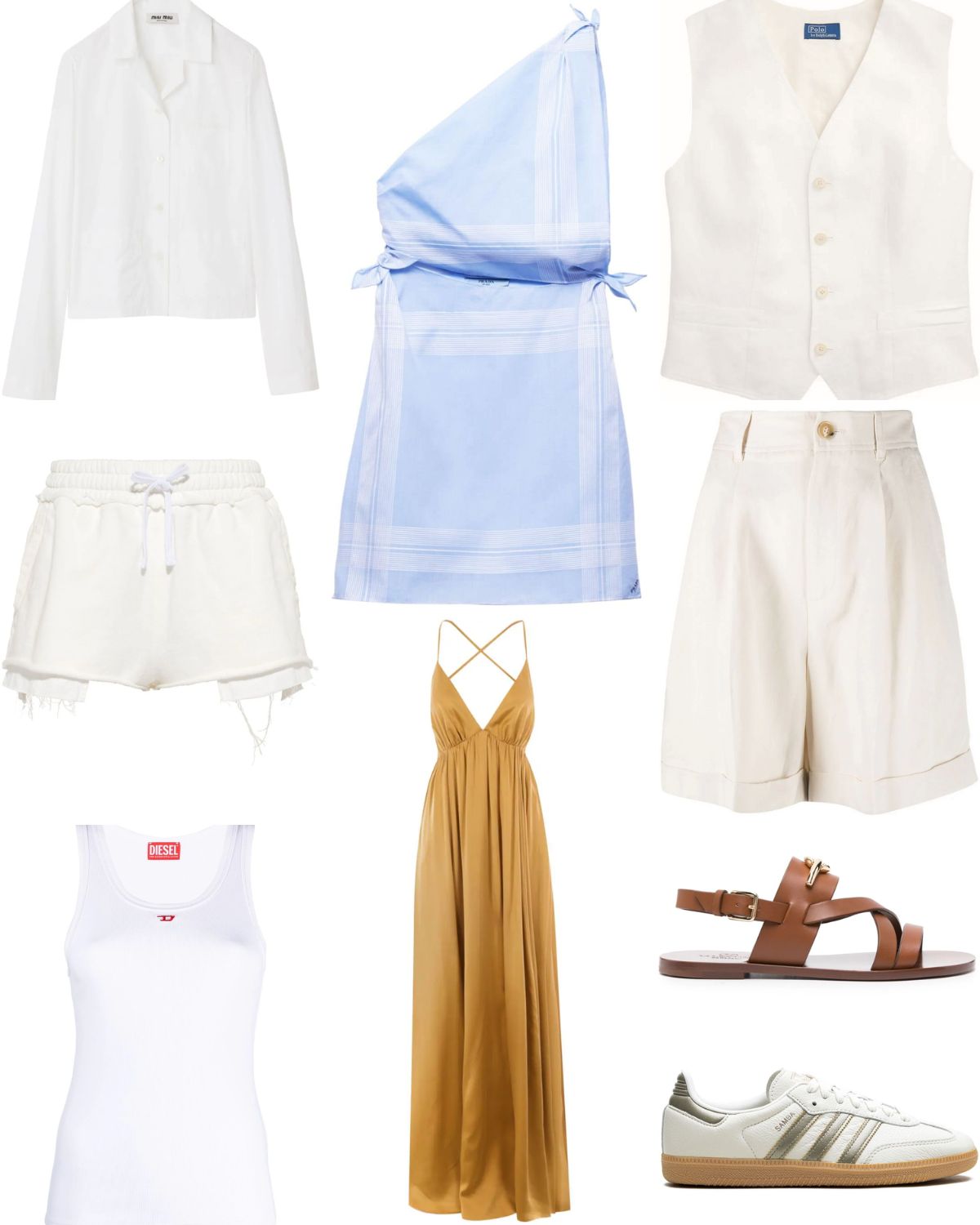 A collection of summer clothing and accessories arranged in a grid. The selection includes a white cropped button-up shirt, a light blue one-shoulder dress with ties, a white sleeveless vest, white denim shorts with a drawstring, cream high-waisted shorts, a white tank top, a long mustard yellow dress with thin straps, tan sandals, and white sneakers with beige accents. This versatile wardrobe is suitable for warm weather and casual outings.