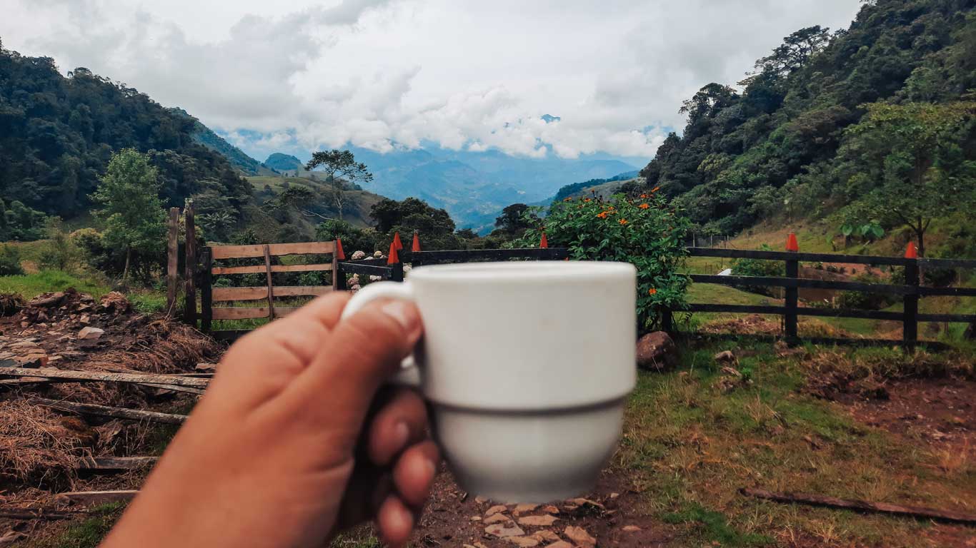 This image features a hand holding a white coffee cup in the foreground, with a stunning mountain landscape stretching into the distance. The scene is lush with greenery, trees, and a rustic wooden fence, framed by two mountainsides leading to a misty, cloud-covered valley. The peaceful rural setting evokes a sense of tranquility, as if enjoying a quiet moment with nature while sipping coffee in the Colombian countryside.