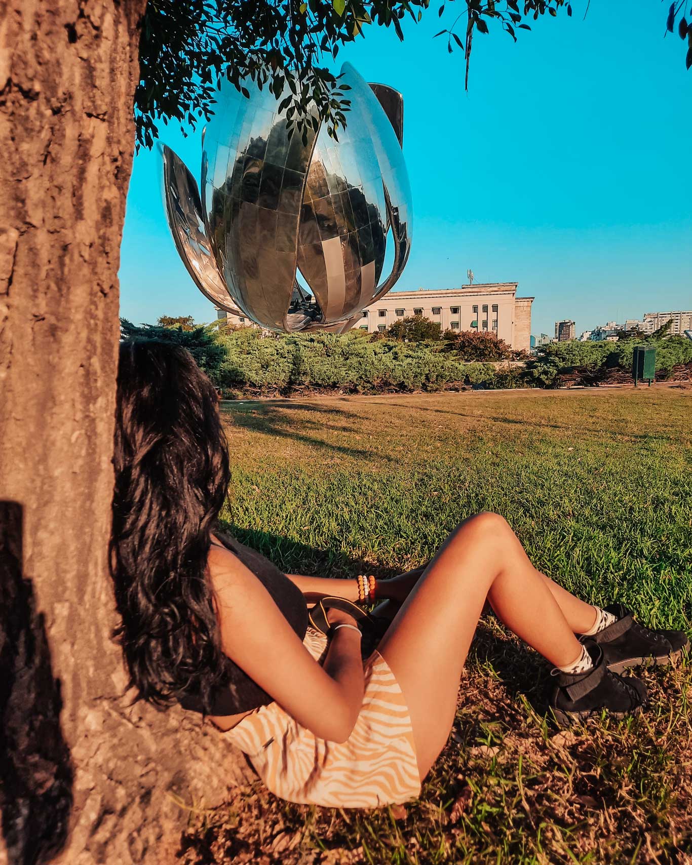 This image shows a woman relaxing under a tree in a park, gazing at the Floralis Genérica, a large metallic flower sculpture in Buenos Aires, Argentina. The sculpture, made of reflective steel, is positioned against a bright blue sky, with its petals open. The woman, seated in the shade with a serene expression, enjoys the peaceful greenery around her, creating a tranquil and contemplative atmosphere in this famous landmark's setting.