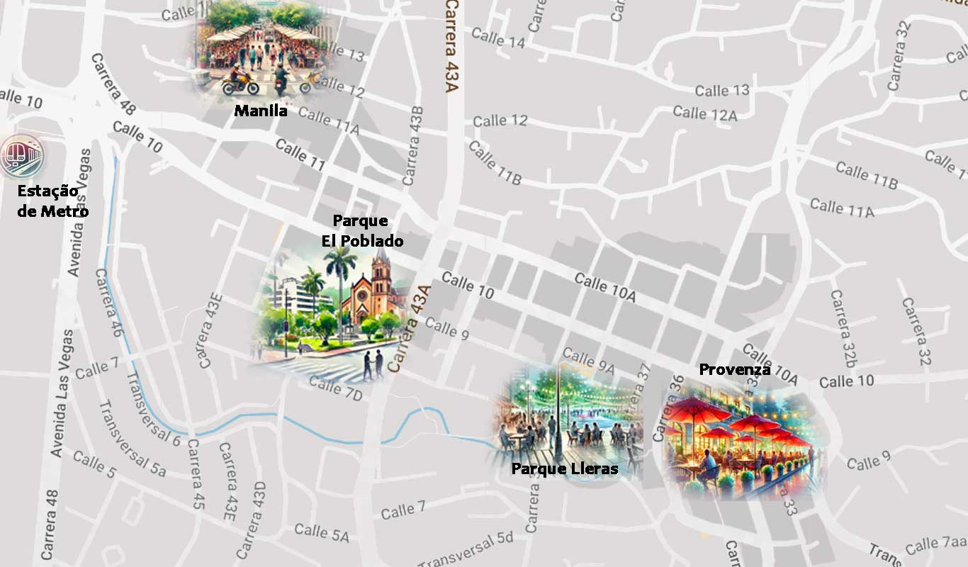 A map of the El Poblado area in Medellín, highlighting key spots with illustrated icons. The map points out several neighborhoods and attractions, including "Manila," "Parque El Poblado," "Parque Lleras," and "Provenza," each with a small illustration representing the area's vibe. A "Estação de Metrô" (Metro Station) is also marked on the left side, indicating convenient transit access. The map shows a network of streets, making it easy to identify the locations in relation to one another.