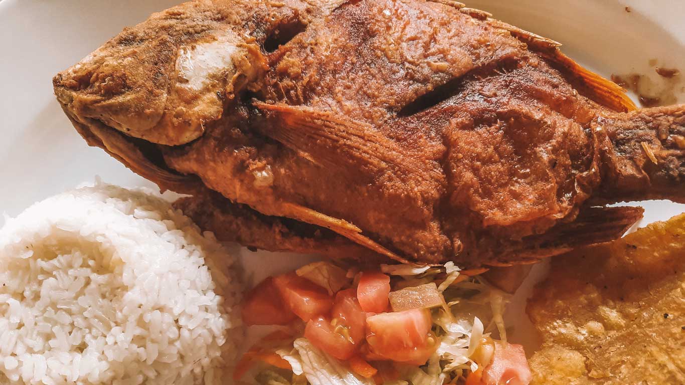 This image showcases a traditional meal featuring a crispy fried whole fish served alongside fluffy white rice, a fresh salad with chopped tomatoes and lettuce, and a golden fried arepa or patacón (plantain). The rustic presentation emphasizes hearty, authentic cuisine, perfect for a flavorful and satisfying meal.