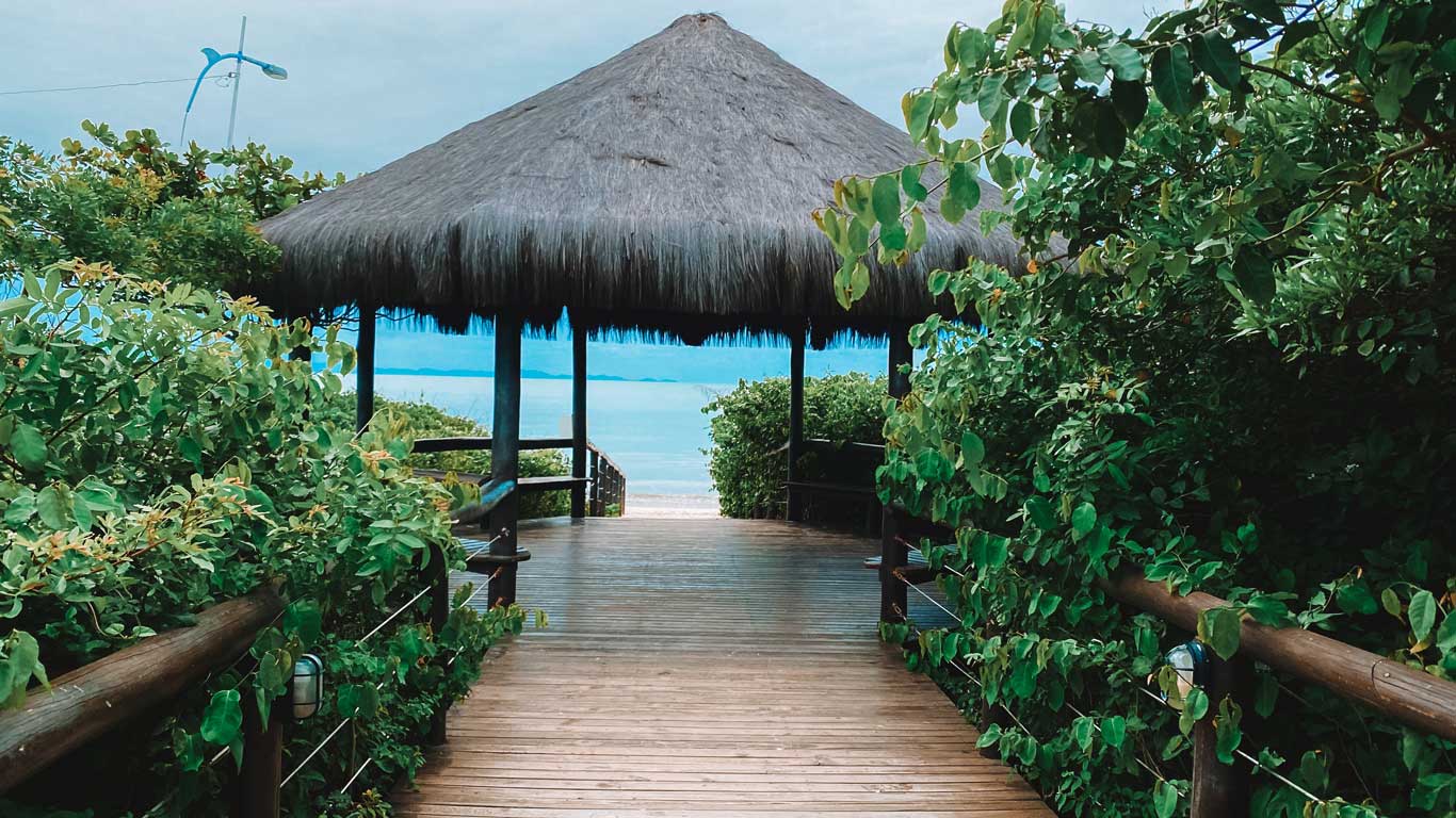 Wooden boardwalk leading to a beachfront cabana with a thatched roof, surrounded by lush green foliage and overlooking the serene blue ocean. This tranquil spot captures the tropical charm of the best place to stay in Florianópolis, offering relaxation and stunning sea views.