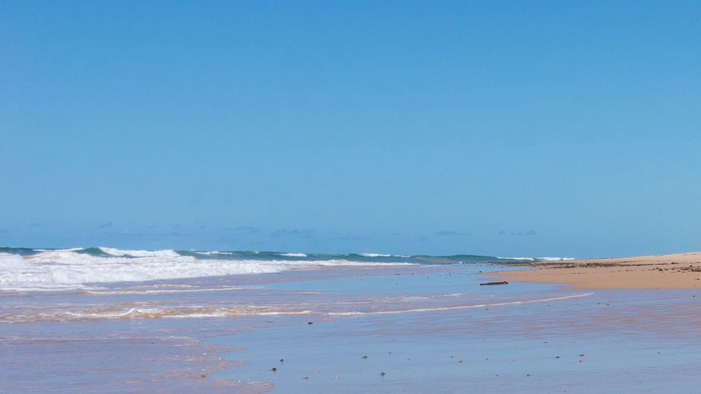 Mundaí Beach in Porto Seguro, featuring golden sands, gentle waves, and a clear blue sky, offering a tranquil setting perfect for relaxation. This serene beach is an amazing place when exploring where to stay in Porto Seguro.