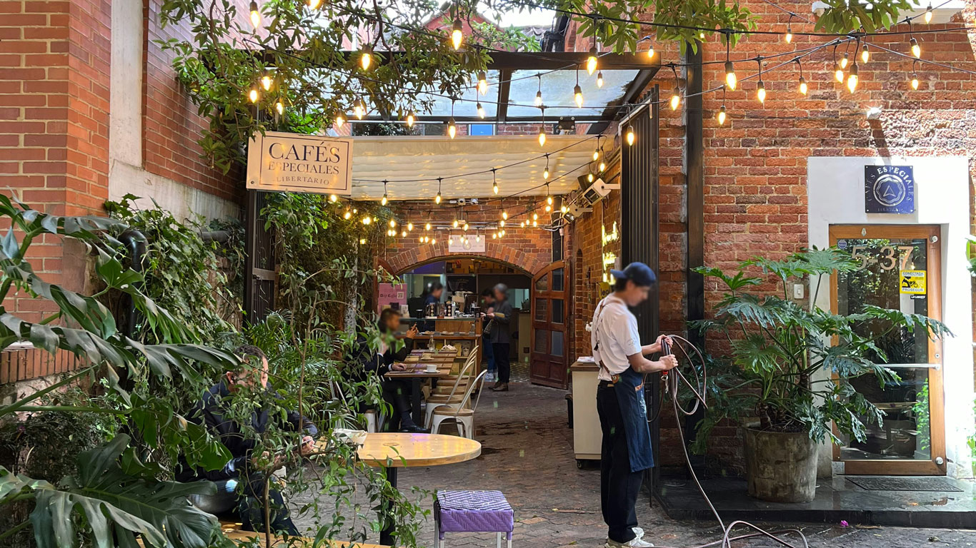 A cozy cafe entrance in Bogotá’s Zona Rosa, with a brick facade, string lights, and lush greenery. Zona Rosa is an excellent choice for where to stay in Bogotá.