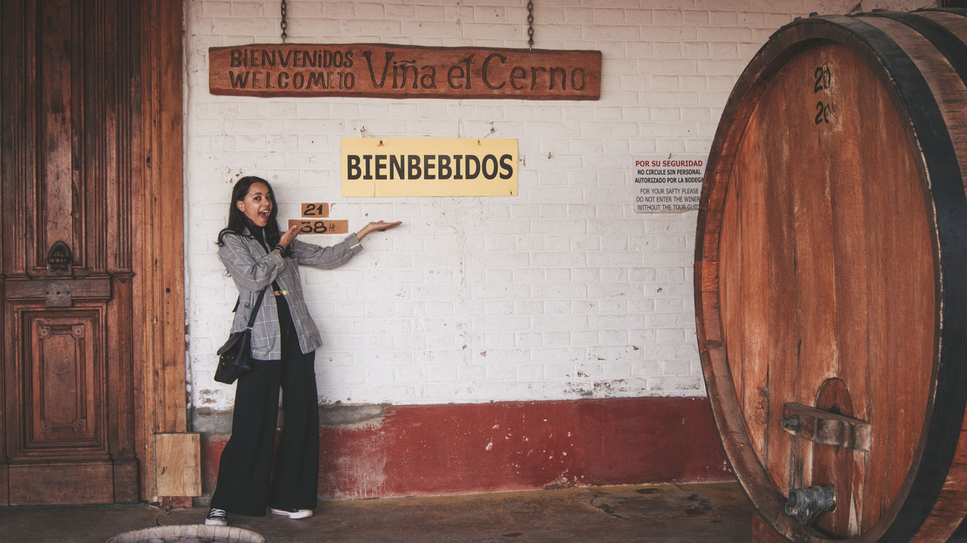 A woman playfully posing in front of a sign that reads "Bienbebidos" at Viña el Cerno, with a rustic white brick wall and a large wooden wine barrel nearby. She is wearing a plaid blazer and black pants, exuding a cheerful vibe. The scene highlights the welcoming atmosphere of the winery.