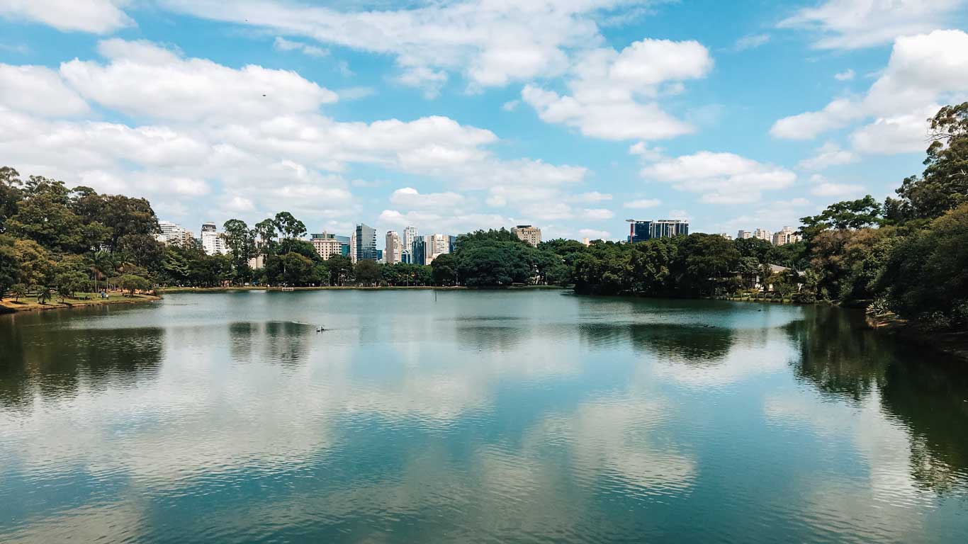 This image showcases a serene lake surrounded by lush greenery in a park, with the skyline of São Paulo visible in the background under a bright blue sky filled with fluffy clouds. The peaceful water reflects the sky and trees, creating a tranquil contrast to the bustling cityscape beyond.