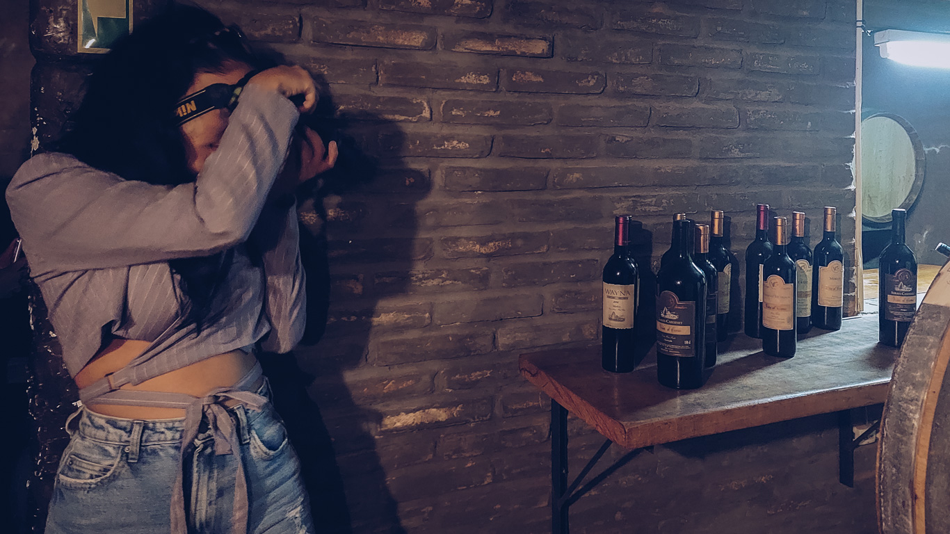 A woman taking a photo in a dimly lit wine cellar, wearing casual attire and focusing on a table with an assortment of wine bottles. The brick wall and wooden barrel in the background enhance the rustic ambiance of the setting. The image captures the blend of artistry and wine culture in Mendoza, Argentina.