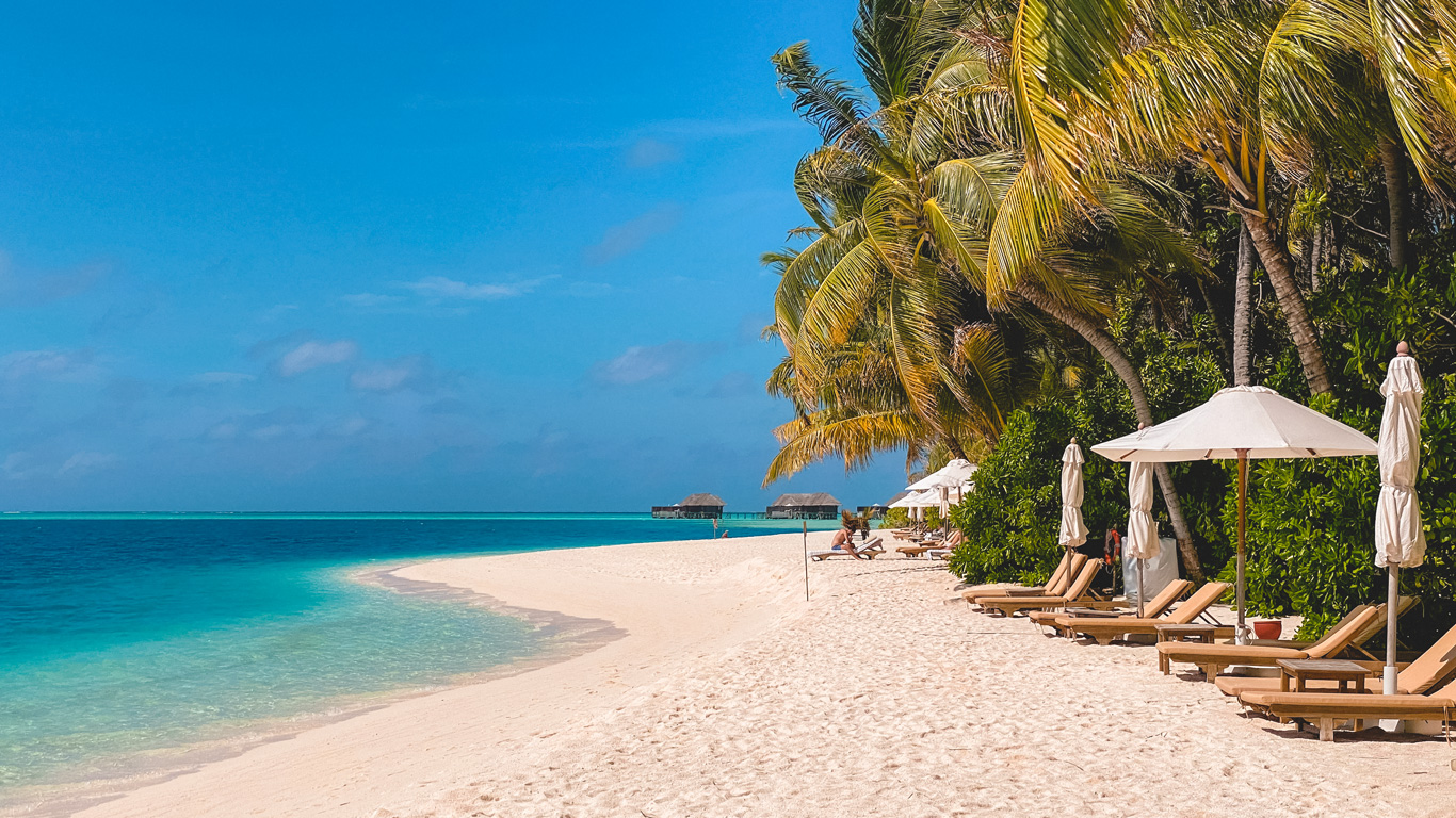 Idyllic tropical beach with soft white sand, turquoise waters, and overwater bungalows in the distance. Lounge chairs with umbrellas line the shore, shaded by swaying palm trees, creating a perfect relaxation spot. The clear blue sky and gentle waves enhance the serene, luxurious ambiance of the Maldives.