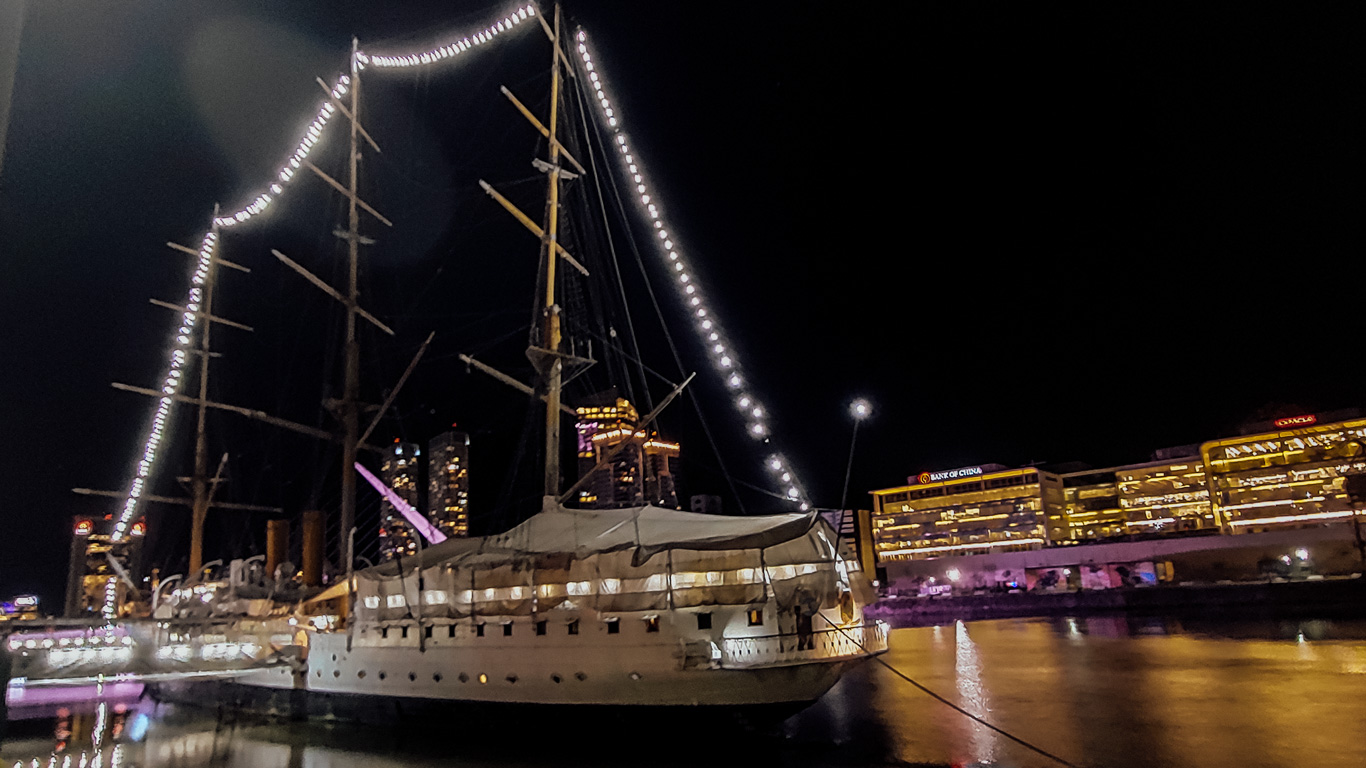 Fragata-Sarmiento Illuminated tall ship Fragata Sarmiento docked at night in Puerto Madero.