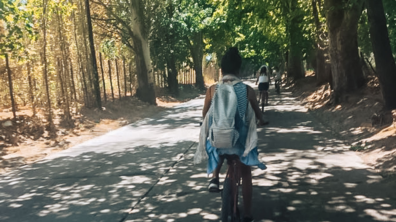 Woman riding a bicycle on a tree-lined street during the wine bike tour in Mendoza.