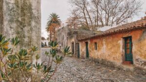 Narrow cobblestone street in Colonia del Sacramento, Uruguay, lined with rustic colonial buildings and shaded by bare trees and a tall palm. This charming historic quarter is one of the best places to visit in Uruguay for its preserved architecture and old-world feel.
